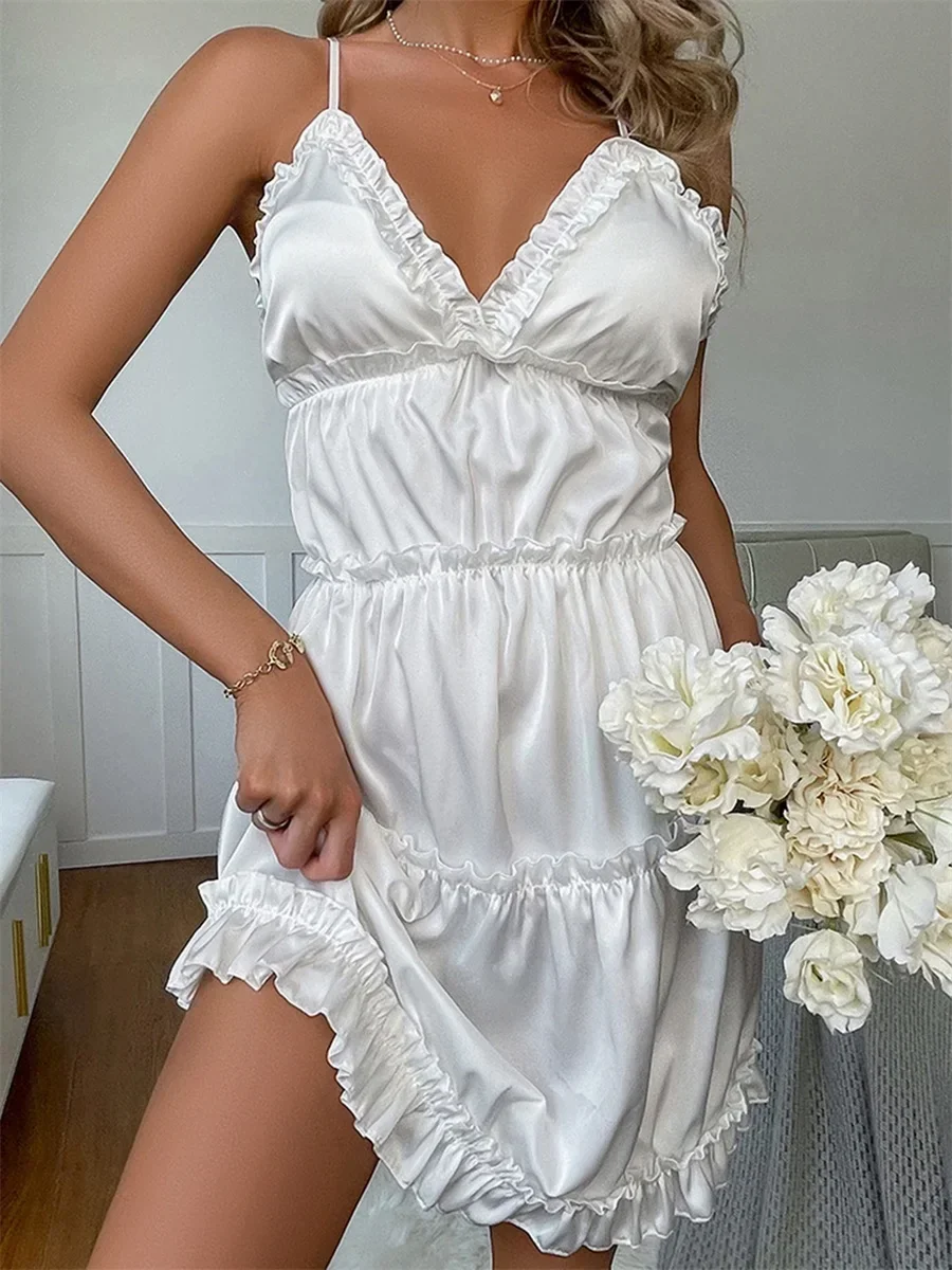 New Women Lingerie Chemise Nightdress Ruffles Spaghetti Strap Sleeveless Backless Cami Dress Nightgown Sleepwear Slips Nightie