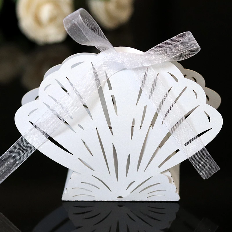 50/100pcs Laser Cut Shell Candy Boxes Carriage Wedding Favors Gift Box With Ribbon Baby Shower Wedding Birthday Party Decoration