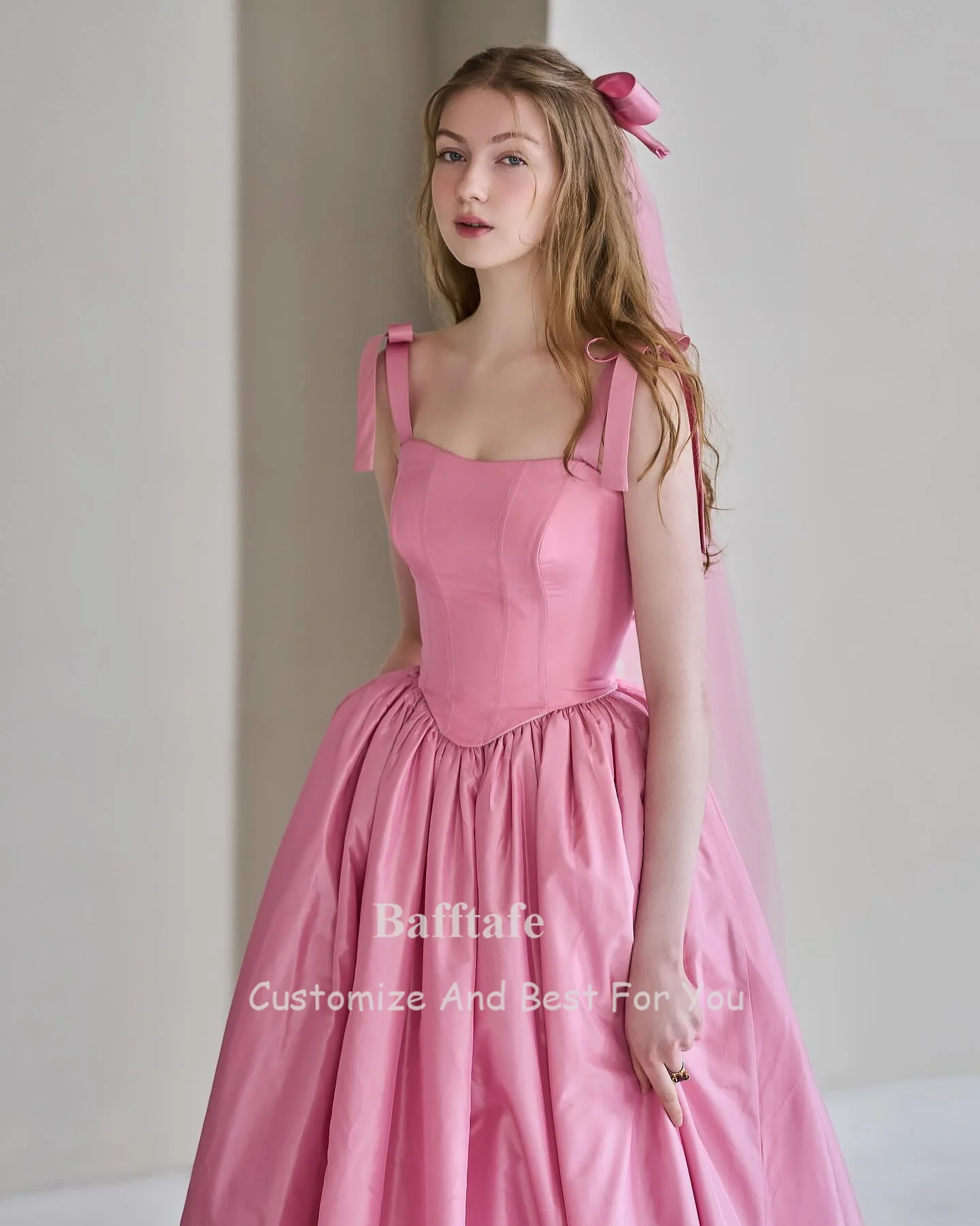 Pink Korea A Line Taffeta Prom Dresses Different Styles Women Formal Party Dress Bow Spaghetti Strap Evening Gowns Customized