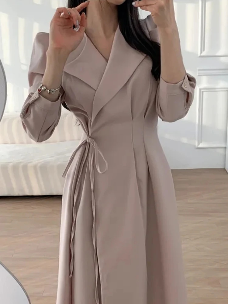 Setelan Ringan Dr Wanita Musim Gugur Musim Dingin Gaun Panjang Model A-Line Pinggang Tinggi Sepanjang Lutut Gaya Korea Sle