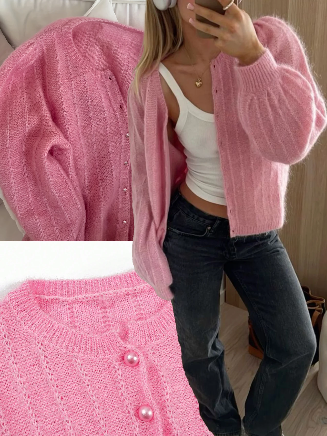 

Поп-новый однотонный шерстяной вязаный розовый мягкий свитер с жемчужными пуговицами, кардиган, осенний женский свитер, повседневная трикотажная куртка, элегантный вечерний топ