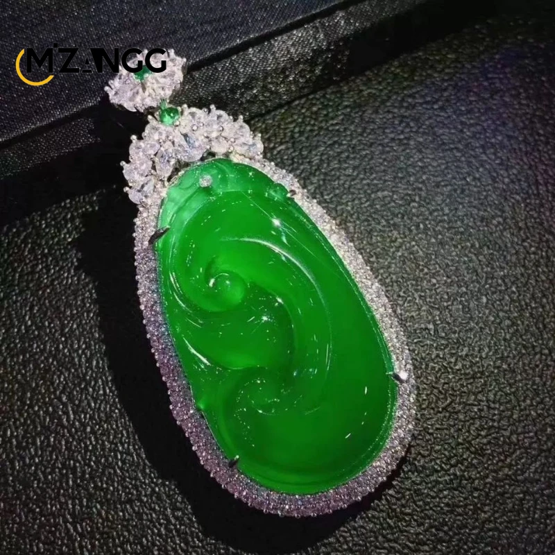 

Natural Ice White Green Chalcedony Ruyi Pendant S925 Silver Full Green Agate Necklace Luxury Charm Jewelry Girlfriend Mom Gift