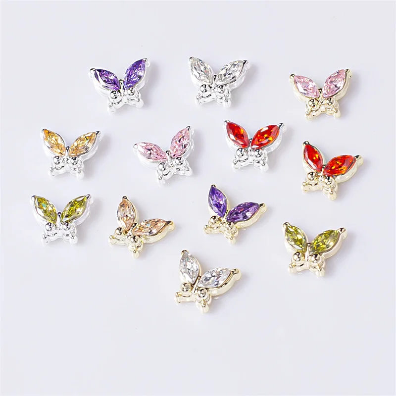 10 pçs/lote liga arte do prego encantos forma de borboleta pedra gemas acessórios da arte do prego ornamentos de metal jóias para manicure peças do prego