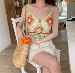 Colorful Patched Crochet Knit Cami Top Boho Tie Back Fringed Strap Crop Tank Top for Women Teengirl Summer Vacation Beach Wear