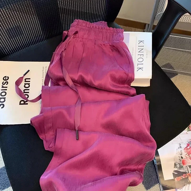 

Satin Narrow Purple Wide-leg Pants for Women Summer Ice Silk Thin High Waist Drape Loose Straight Floor-length Women's Trousers