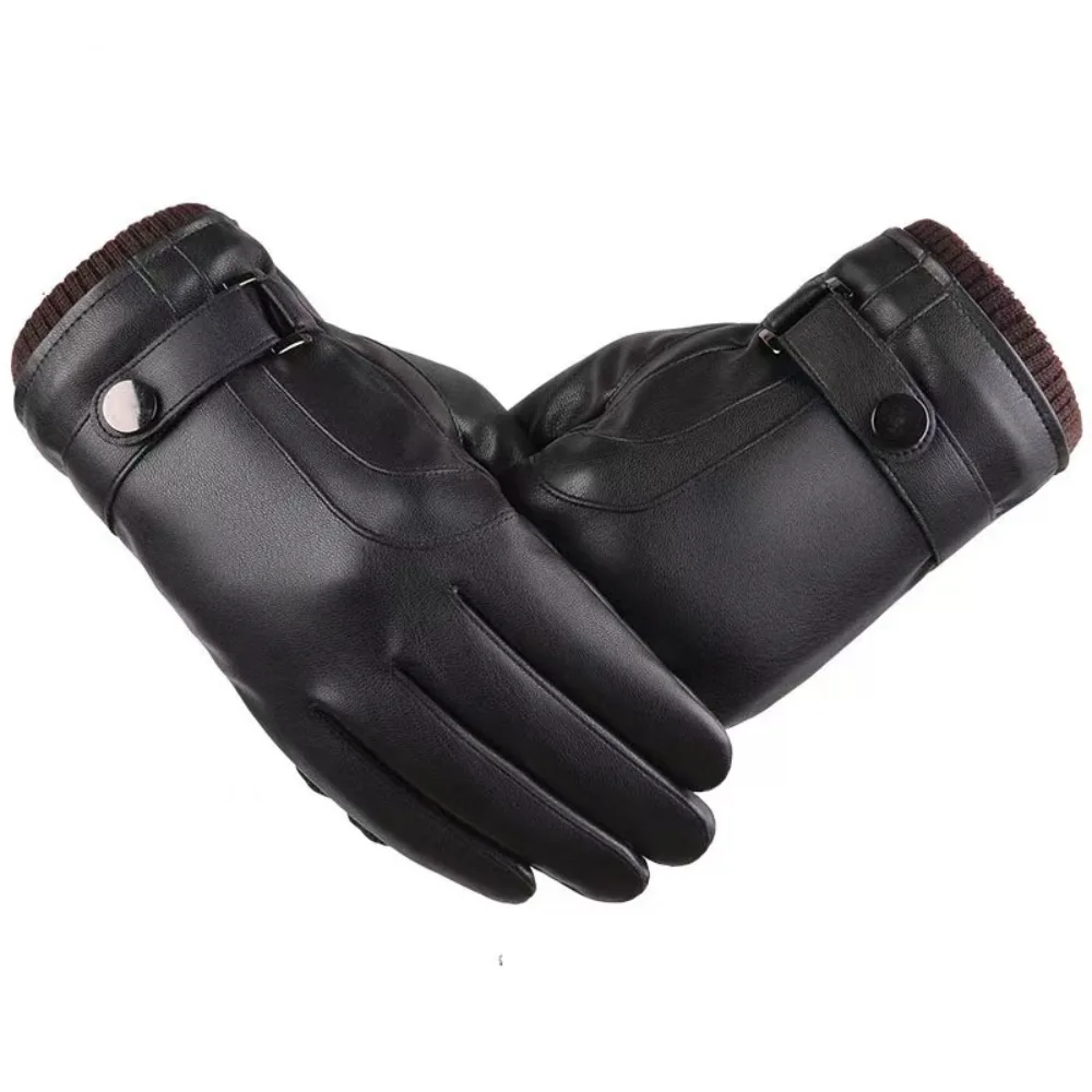 

Windproof Men's PU Leather Gloves Keep Warm Thick Velvet Male Cycling Gloves Soft Touch Screen Motorcycle Full Finger Mittens