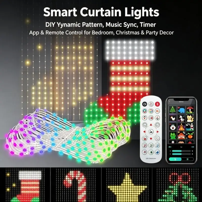 Music Sync Curtain Lights, Smart RGB LED String Lights with App Control Remote Timer DIY Display for Holiday Window Decor