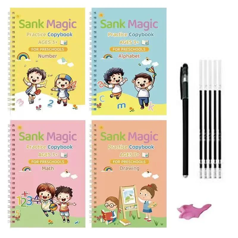 SANK Magic Writing Copybook in English Calligraphy Copy Book Montessori Kids Reusable Handwriting Practice 4 Books/Set