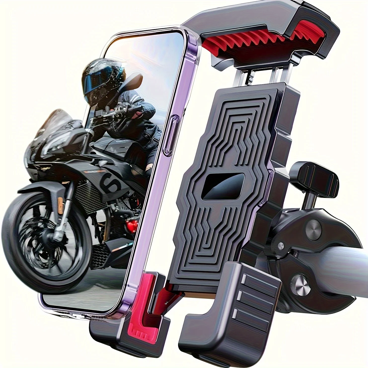 

Durable ABS Motorcycle Handlebar Phone Holder - Adjustable, Secure Grip for Various Bikes, with Red Accents - Perfect for Riders