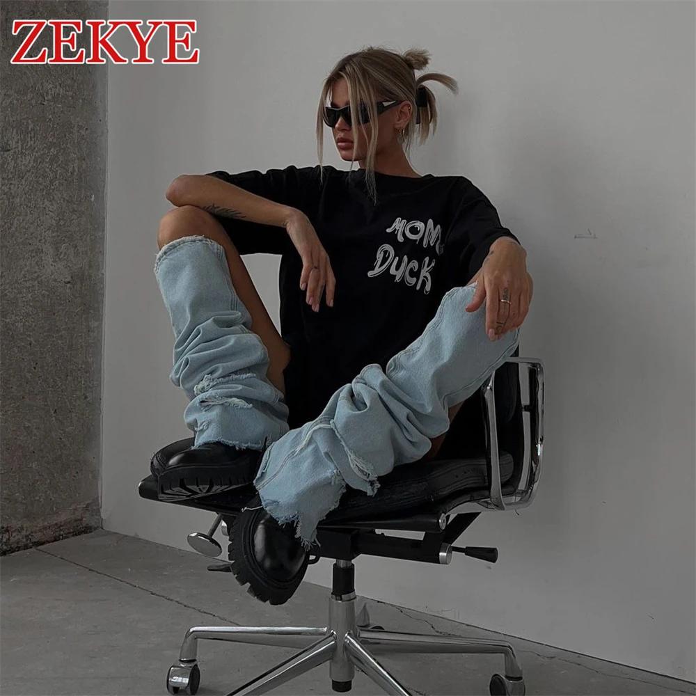 Zekye w stylu Basic Casual biały T Shirt damski z nadrukiem na lato luźny koreański styl 90S estetyczny Streetwear moda O dekolt