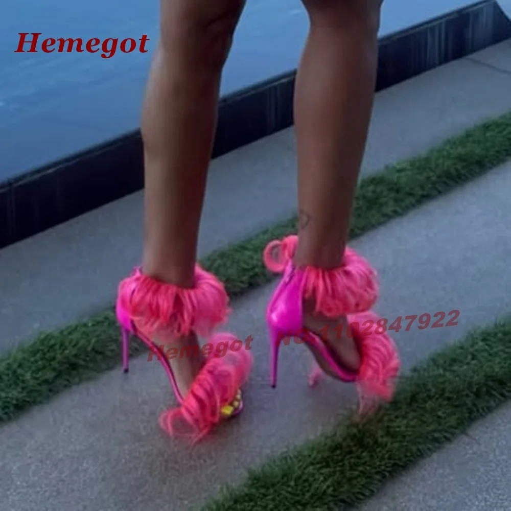 Neon Pink Faux Fur Stiletto High‑Heel Sandals Open Toe Ankle Wraps Fluffy Hair‑Decorated Party Evening Club Heeled Shoes Luxury