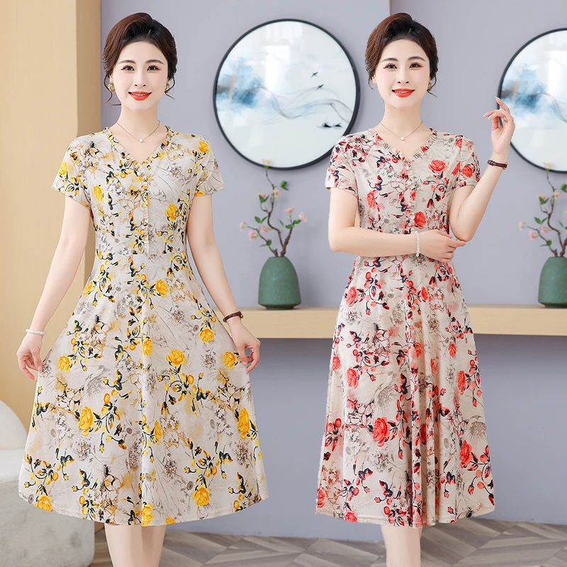 Robe mi-longue décontractée à col rond pour femme, vêtement à fleurs cassées, élégant, cordon de serrage, manches courtes, coréen, basique, ligne a, taille, été