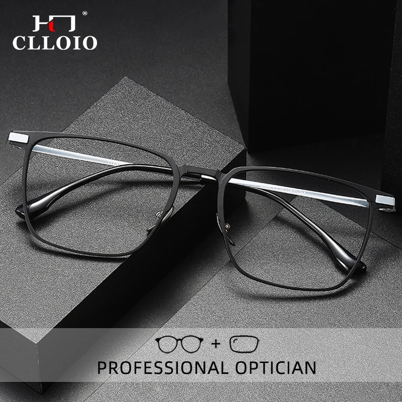 CLLOIO Aluminum Reading Glasses Men Ultralight Square Large Frame Titanium Leg Anti Blue Ray Myopia Prescription Optical Glasses