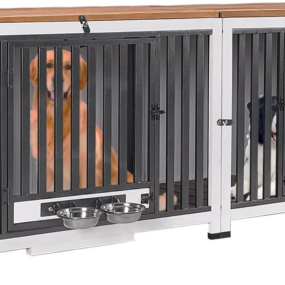 

Мебель для ящика для собак с вращающейся чашей, массив дерева, защита от жевания, подходит для больших собак или нескольких домашних животных, длина 78,8