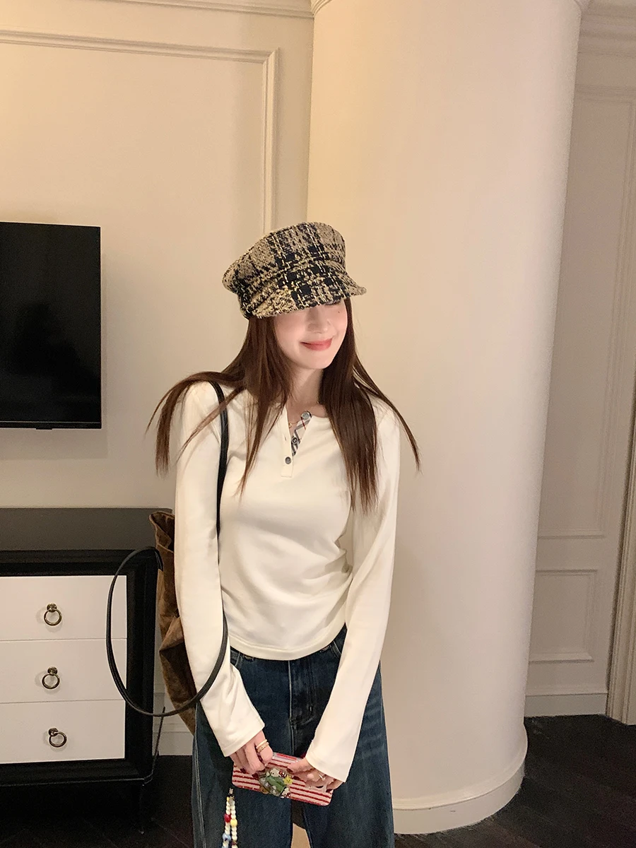 

YANUOYU Women's Slim Fit Plaid T-irt Knitted Inner Wear Long Sve V-Ne Cotton Blend Comfortable Winter Top