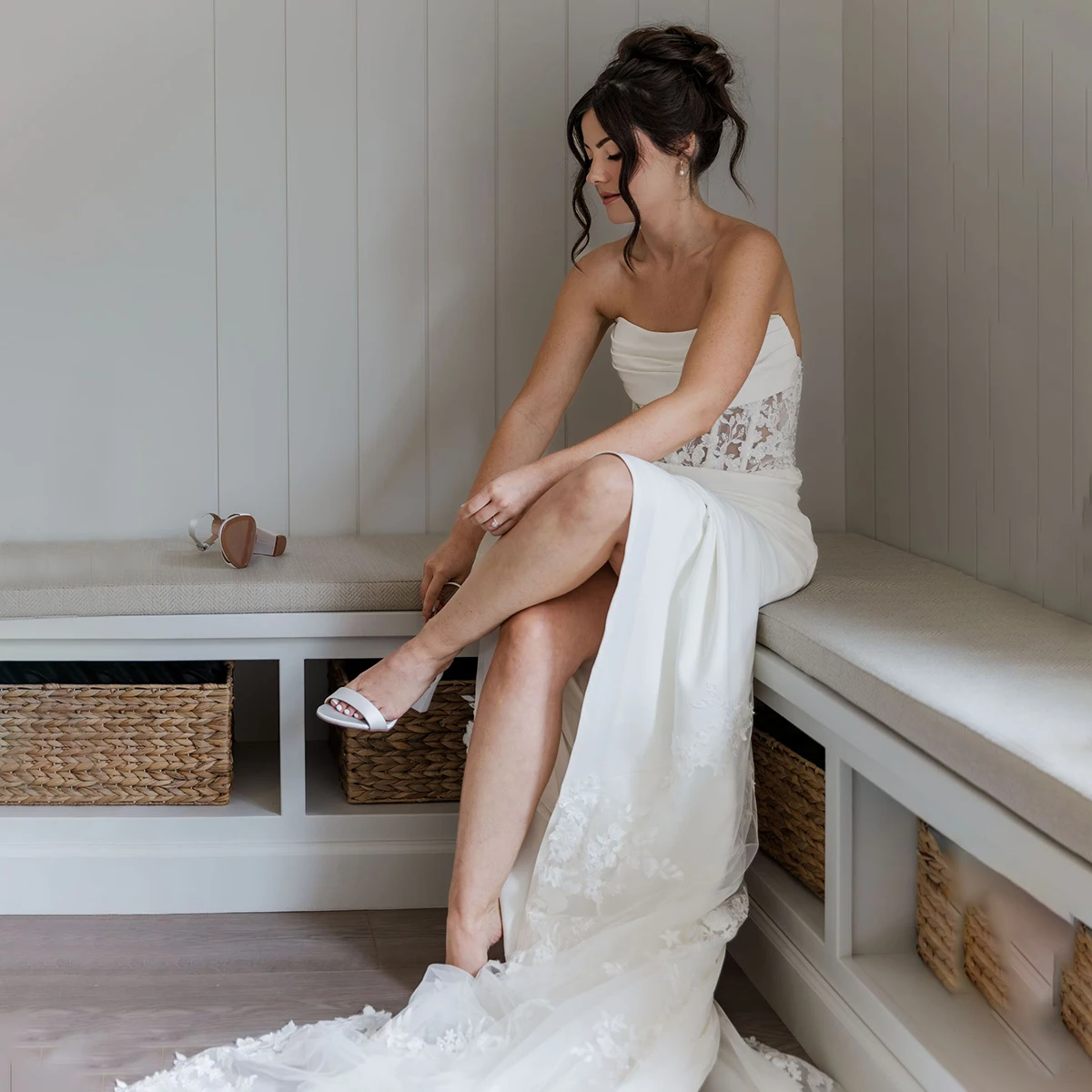 Fitted Crepe Floral Lace Wedding Dress Cowl Draped Neckline Customized Luxe Sheer Corset Strapless Graceful Bridal Ballgowns
