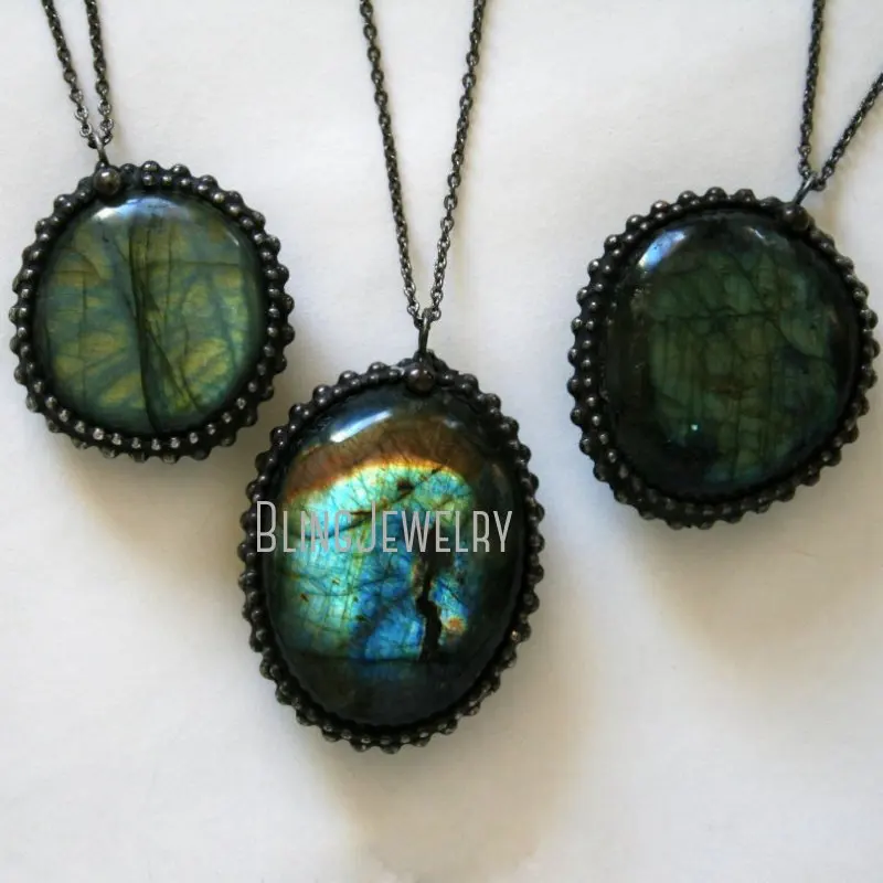 NM43279 Tumbled Labradorite Stone Necklace Mermaid Egg Rainbow  Polished   Halloween 