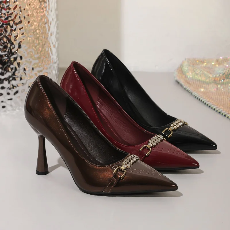 

New European-style elegant stiletto women's shoes, pointed-toe high heels, European and American party rhinestone wine red