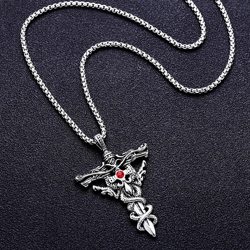 Street Dragon Wrapped Sword Pendant Necklace For Men Hip Hop Party Jewelry Gift Personality Titanium Steel Necklace