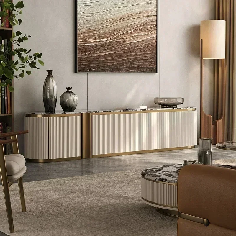 High-end marble TV cabinet living room Italian minimalist solid wood supercrystalline stone floor cabinet