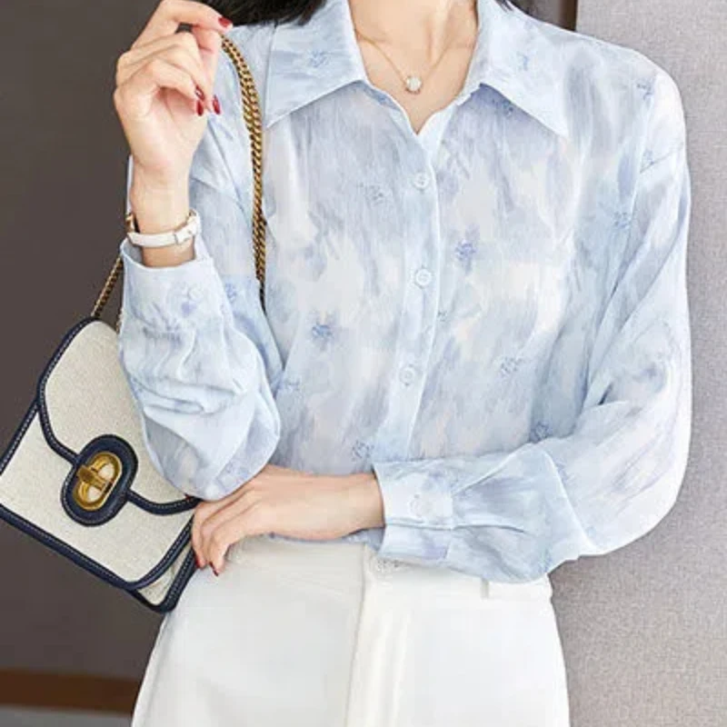 

Простая синяя рубашка с длинными рукавами, солнцезащитный топ, шифоновый кукольный воротник