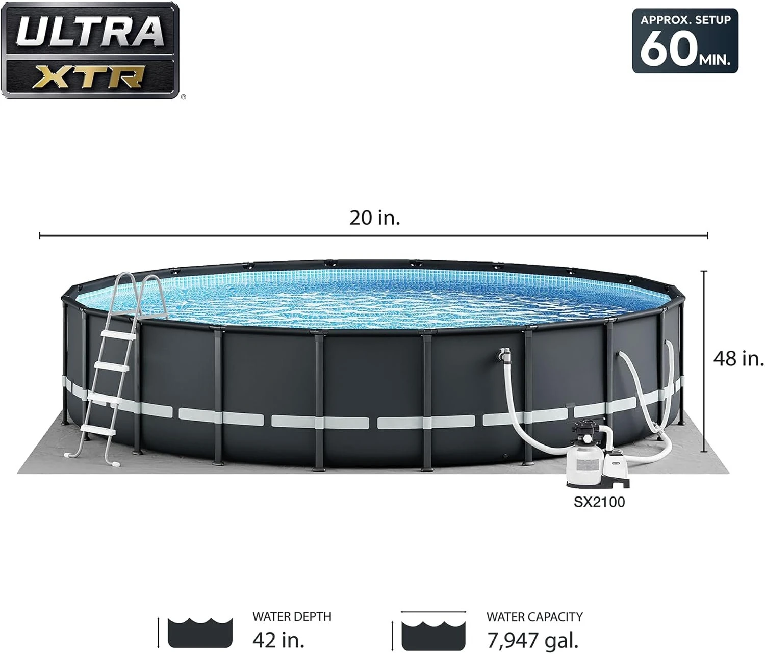 

26333EH Ultra XTR Deluxe Набор для надземного бассейна: 20 футов x 48 дюймов — включает в себя насос с песчаным фильтром с картриджем 2100 GPH — горячая распродажа