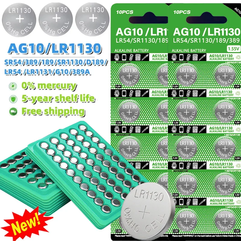 New 200PCS 1.55V AG10 LR1130 SR54 389 189 SR1130 D189 LR54 Button Batteries G10A SR1130SW Cell Coin Watch Toys Remote Battery