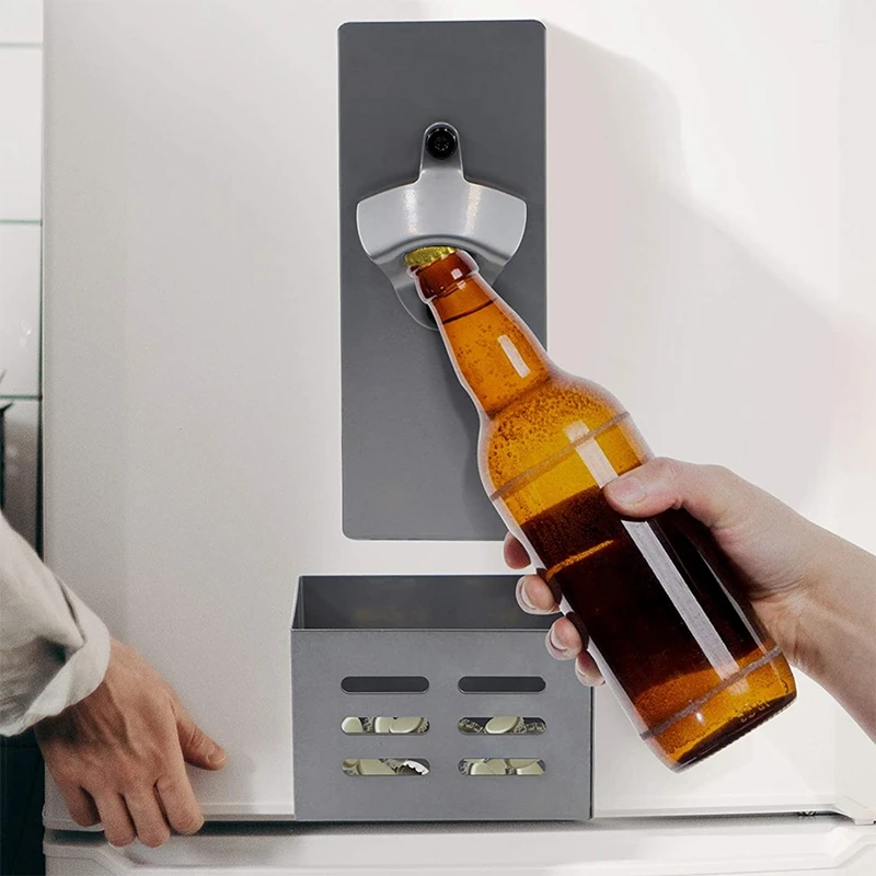 Wall-Mounted Magnetic Beer Bottle Opener With Cap Collector Catcher,For Kitchen Use,Gray