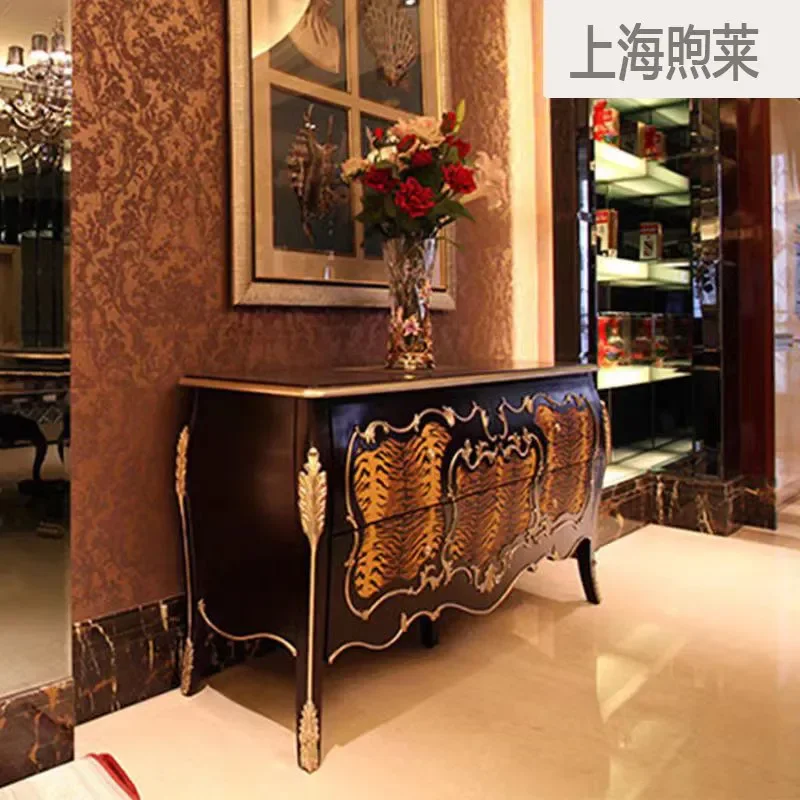 A Court Solid Wood Carving Flower Dining Room Side Cabinet Baking Paint Entrance Foyer Senior Porch Cabinet Villa Mansi