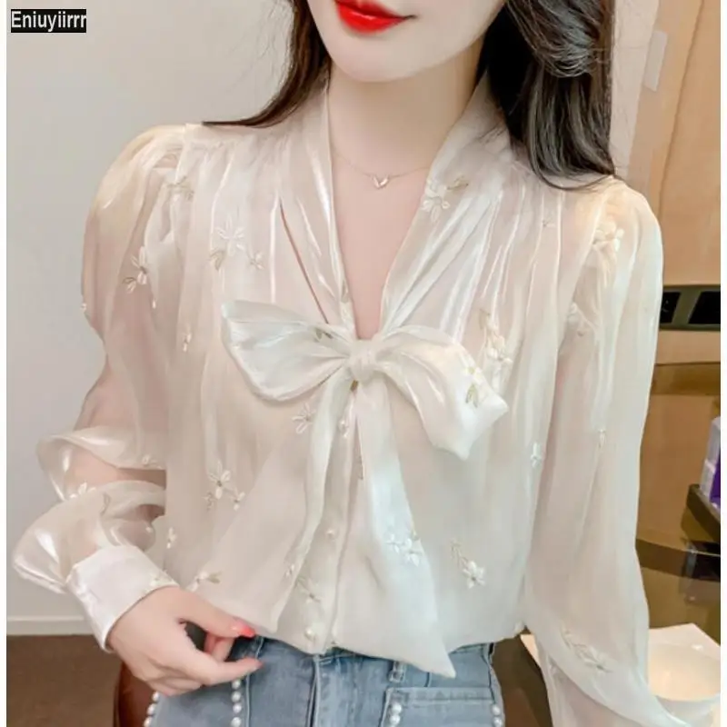 Hot Sales 2023 Women Fashion Elegant Office Lady Work Button Shirt Casual Lace-Up Bow Tie Pink Tops Blouses