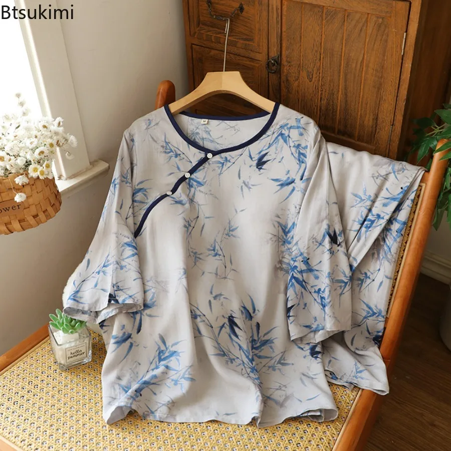 2025 Summer Women's Pajamas 2 Pcs Set Chinese Ancient Style Women Sleepwear Home Suit Short Sleeved Shorts Round Neck Pijamas