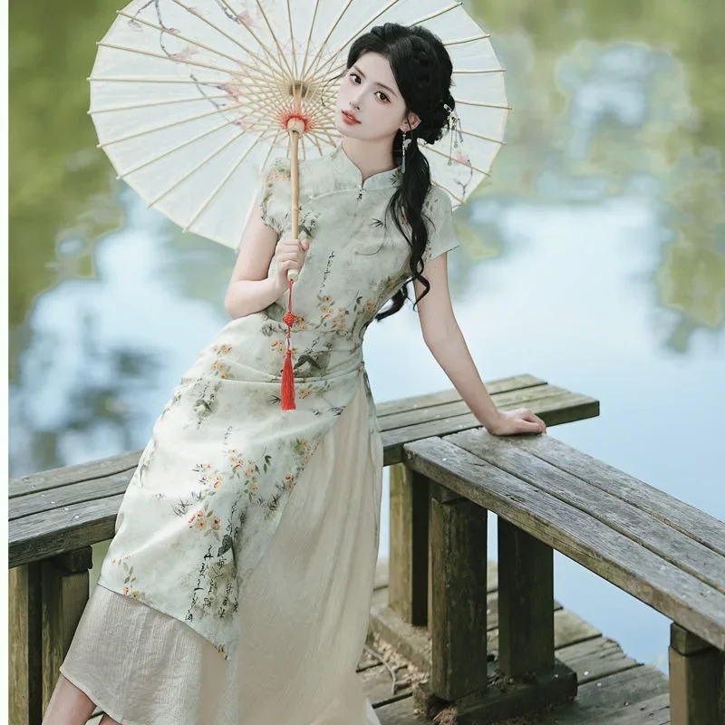 

Traditional Chinese Women Clothing Stand Up Collar Sleeveless Modern Cheongsam Green Ink Print Qipao Dress National Costumes