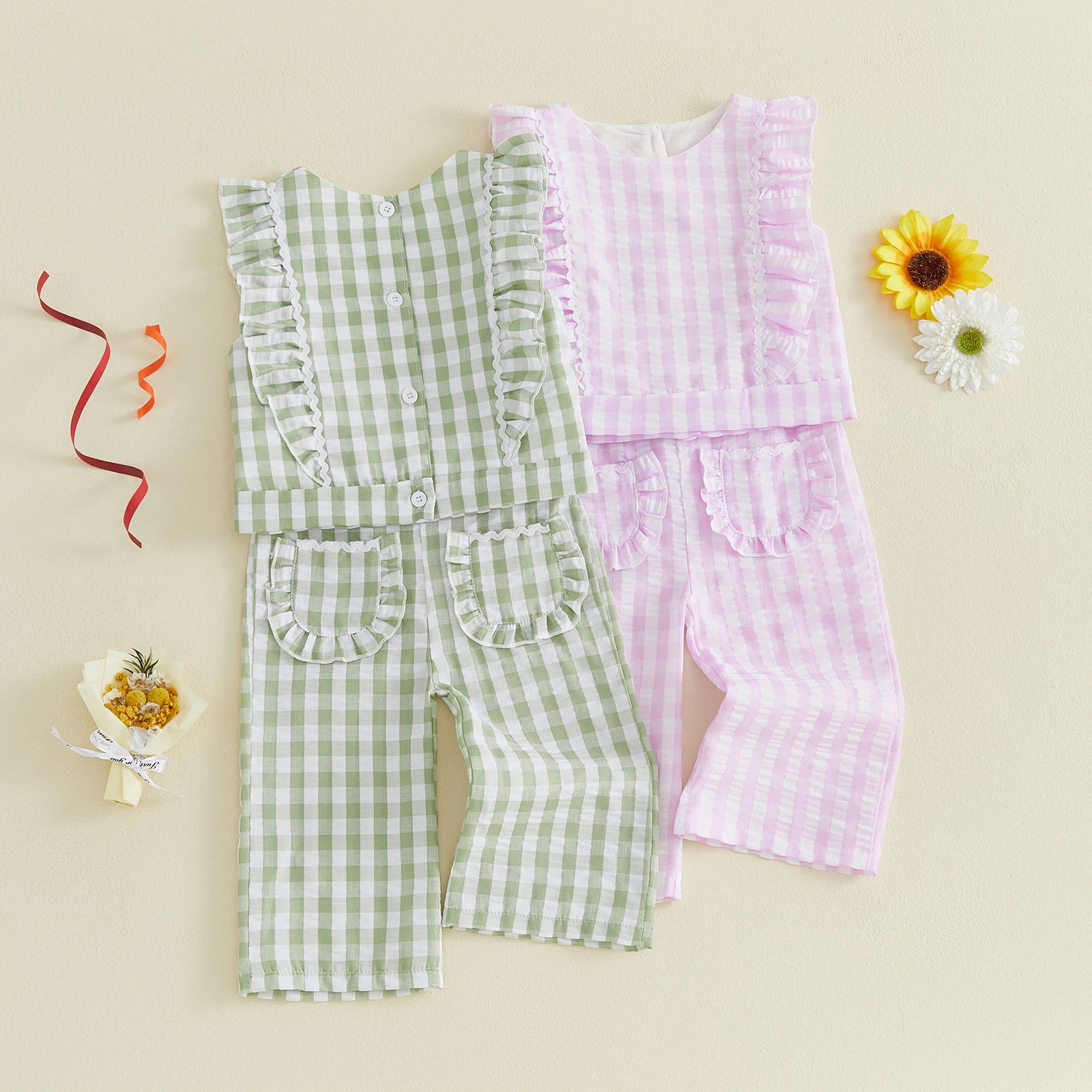 1-5Y Girl Gingham Pants Set Stylish Ruffled Trim Sleeveless Shirt Tops Plaid Wide Leg Pants 2 Pcs Children's Outfits Set