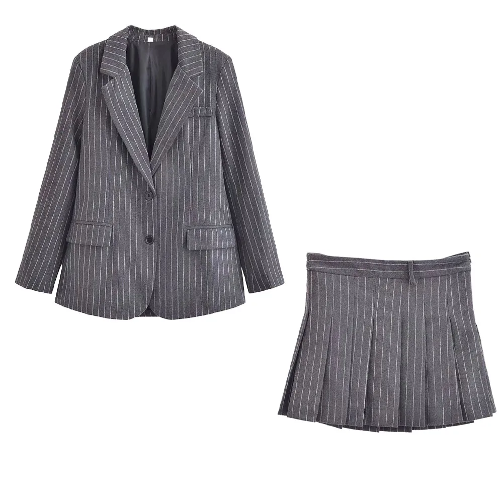 2024 Spring New Women\'s Casual Versatile Blended Fine Stripe Suit Coat Slim Fit High Waist Skirt Fashion Set