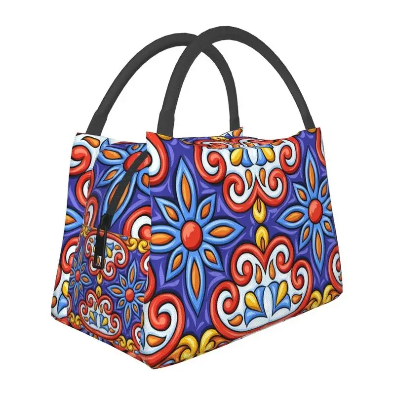 Mexican Flower Insulated Lunch Bags for Women Latino Talavera Ceramic Tile Pattern Portable Cooler Thermal Food  Box