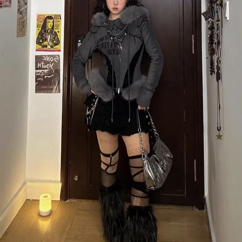 Y2K Rock Punk Motorcycle Fleece Long-Sleeve Hooded Sweatshirt Jacket Grunge Fur Collar Subculture Slim Top Harajuku Short Top