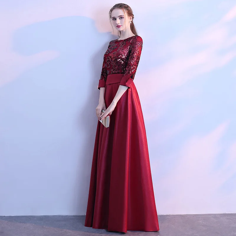 Elegant Satin Evening Dresses New Arrival 3/4 Sleeves A-Line Sequined Long Prom Gown Formal Evening Gowns Wedding Party Gowns