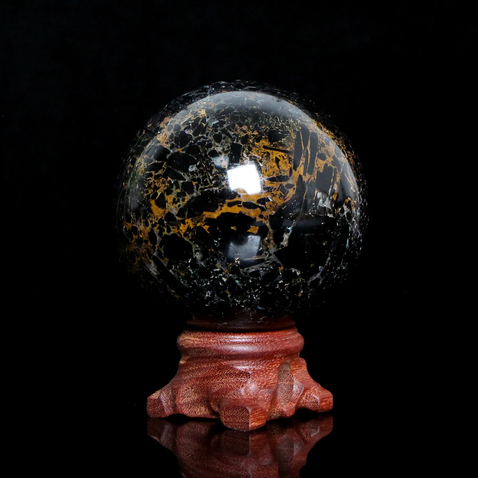 1PC Natural Crystal Yellow Patterned Black Tourmaline Sphere Transparent Quartz Spiritual Healing Home Decoration Agate No Base