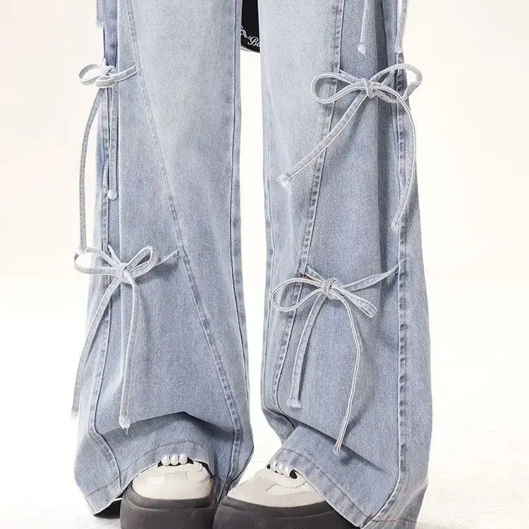 Jeans Bow Tie Autumn New Women Loose American Retro Street Style High-Waisted Wide-Leg Floor-Length Trousers