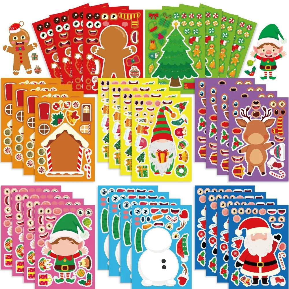 16pcs New Snowman Elk Puzzle Stickers Cartoon DIY Christmas Stickers Phone Scrapbook Gift Bag Decor Party Supplies