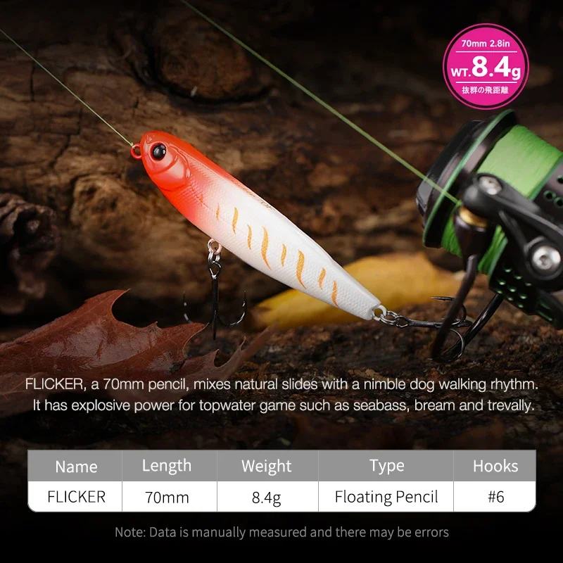 TSURINOYA 70mm 8.4g Topwater Pencil Fishing Lure FLICKER 70F Loud Chugs Z Dog Pencil Hard Bait Lake River Stream Area Fake Bait