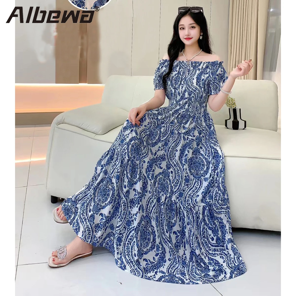 Women\'s Summer Indian Dress Vestidos Robe Floral Korean Long Off-shoulder Vintage Pring Cotton Silk Bohemian Vintage Casual Ropa