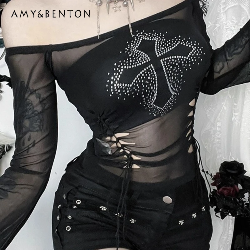 

Женский топ в стиле панк, темно-готика, субкультура, черный сетчатый топ, осень 2022, новинка горячих девушек, кружевные футболки с длинными рукавами Y2K, женские кружевные футболки