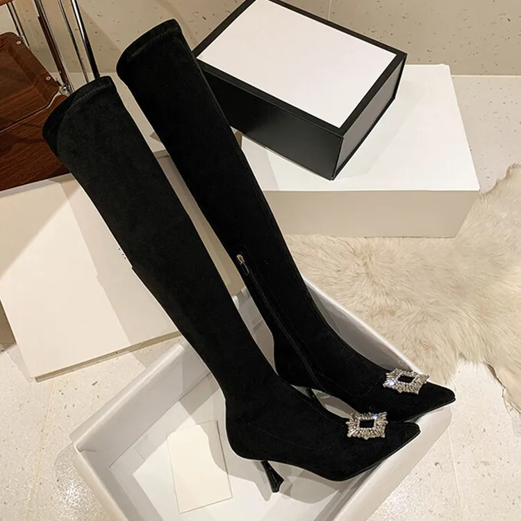 

Black Suede Thigh High Heels Boots Sexy Pointed Toe Crystal Buckle Boots Side Zipper Stretch Long Botines Femininos Chaussure