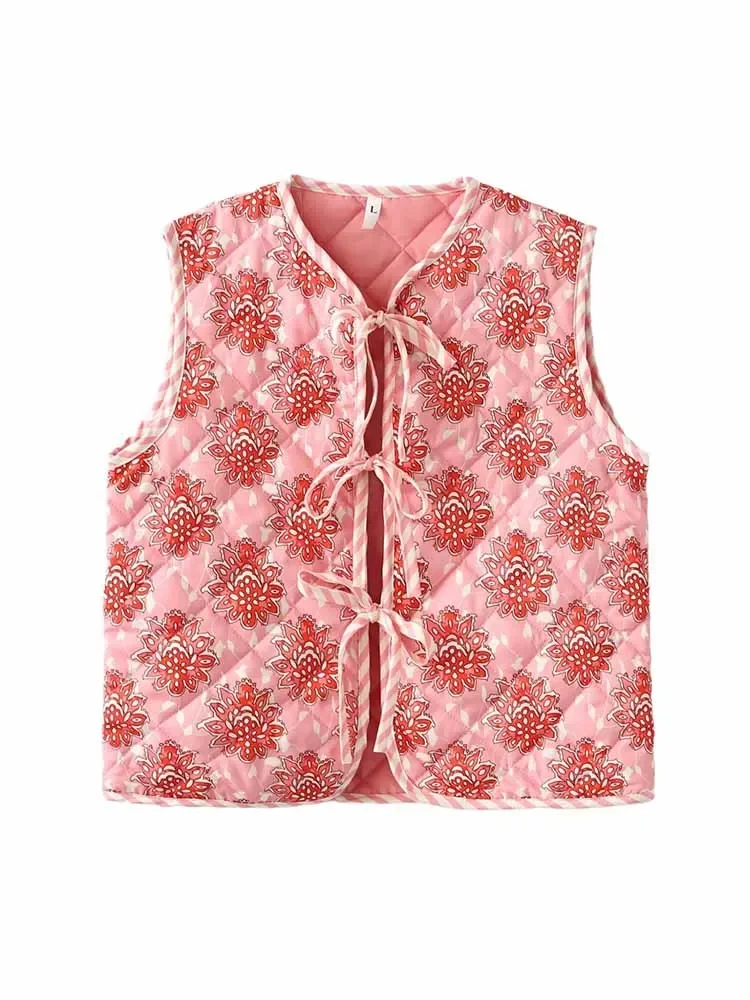 Women's new fashion flower pattern decoration casual versatile cotton vest retro sleeveless lace up women's vest chic top