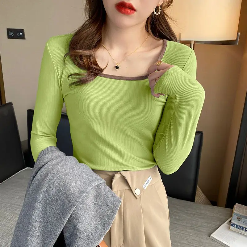 

Women's Autumn Casual Simplicity Solid Color Square Collar Long Sleeve T-Shirt Women Clothes Fashion Elegant All-match Slim Tops