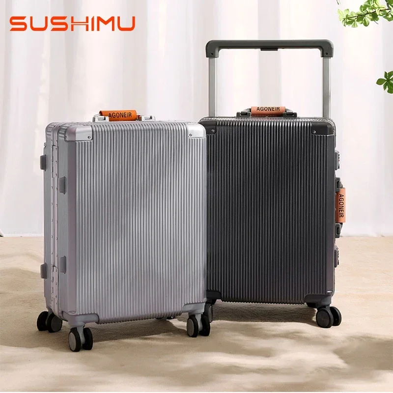 sushimu Suitcase Wide Handle Travel Suitcase Men 20 24 26 Carry-On Luggage Women PC Aluminum Frame Trolley Case