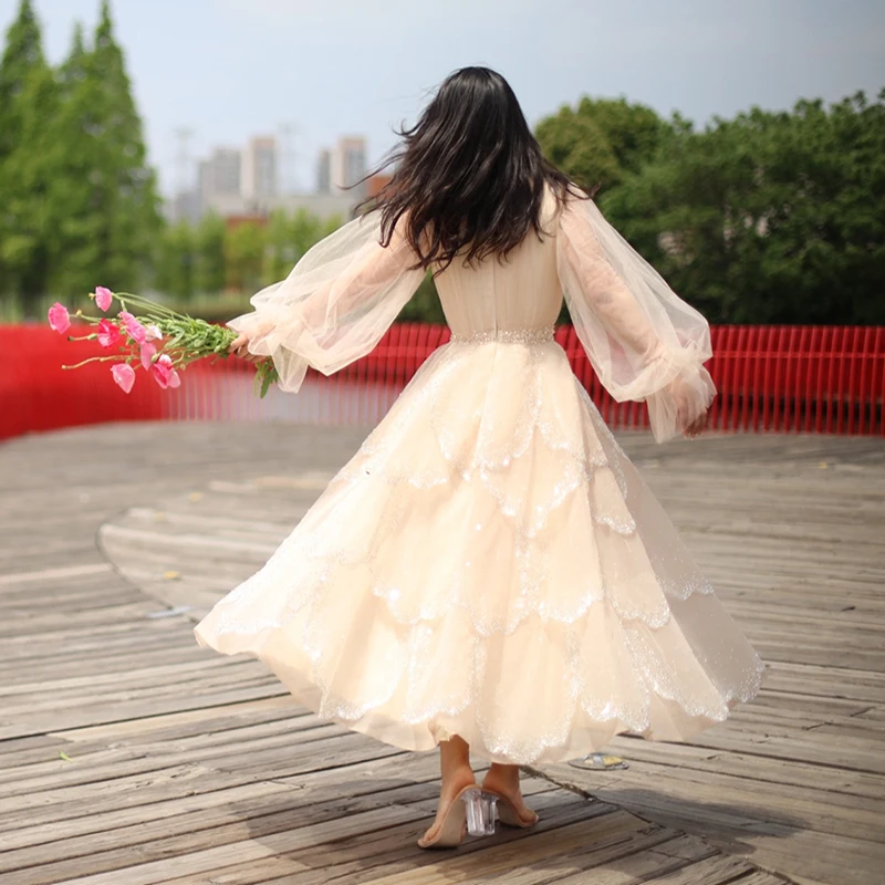 Sharon ha detto abiti da sera musulmani a maniche lunghe Champagne 2022 lusso Dubai in rilievo arabo formale Dreess per le donne festa di nozze