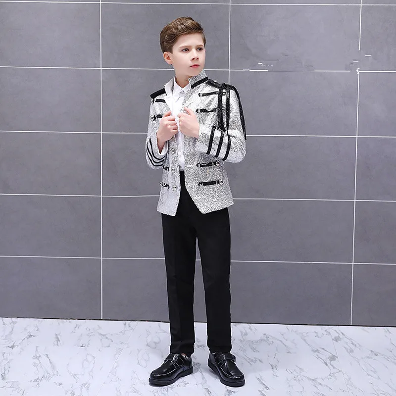 Kids European Tassel Military 2Pieces/Set Jacket Pants Performance Suit Children Stage Court Dress Prince Boys Christmas Costume