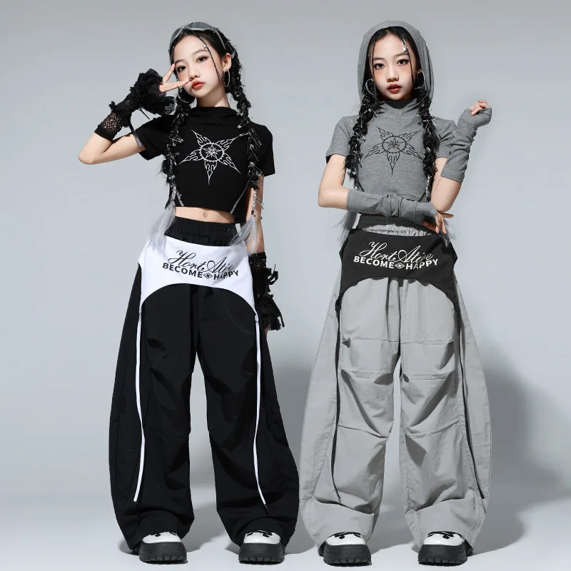 طفل Kpop الهيب هوب الملابس حزام أسود المحاصيل الأعلى تي شيرت رمادي عادية واسعة حزام المظلة السراويل لفتاة الجاز ملابس رقص الملابس